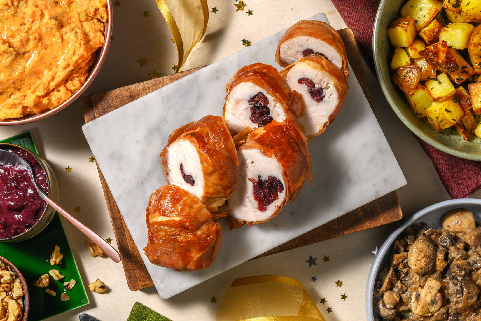 Roulade de dinde au jambon serrano, sauce cranberries