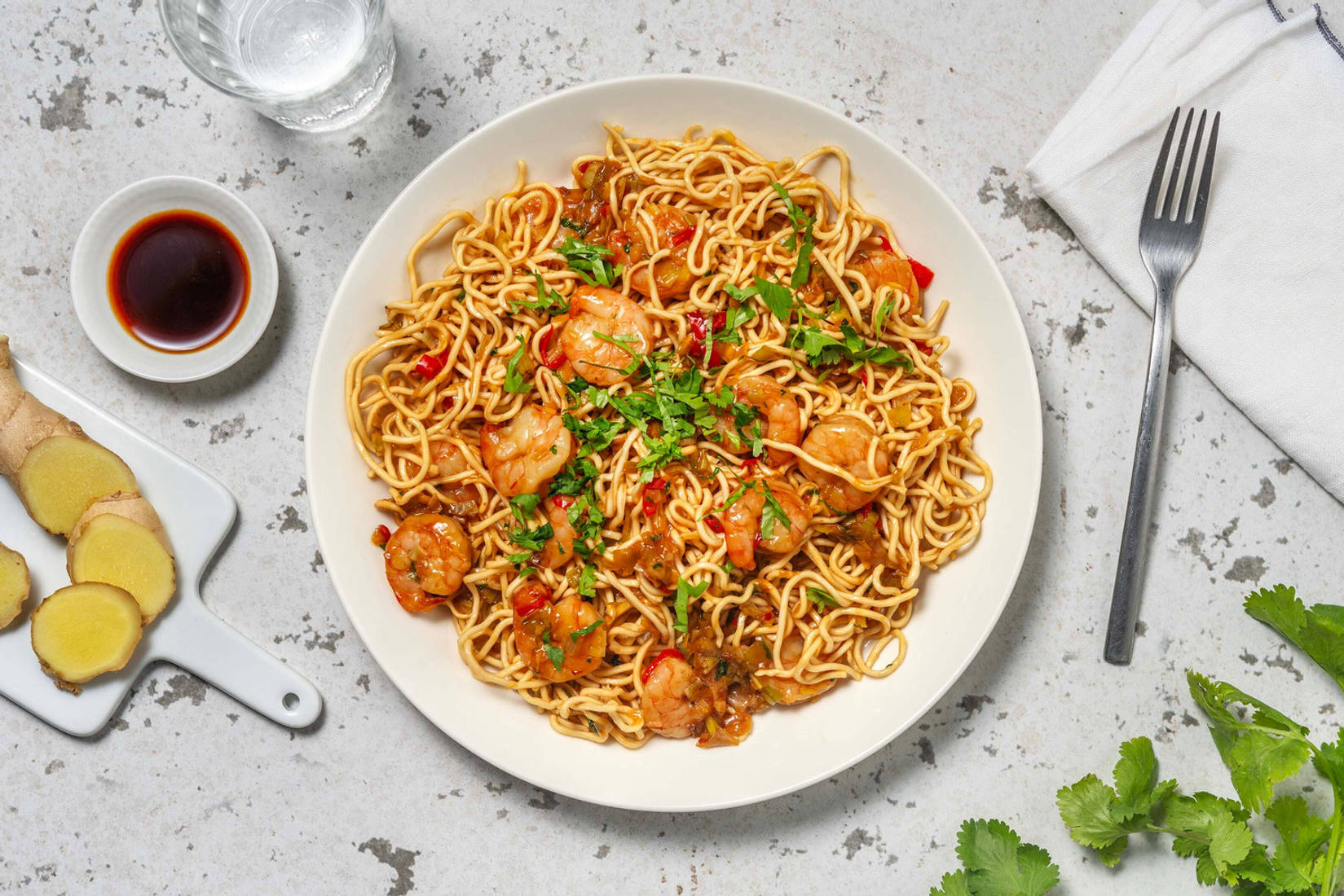 Nouilles sautées aux crevettes & poireau