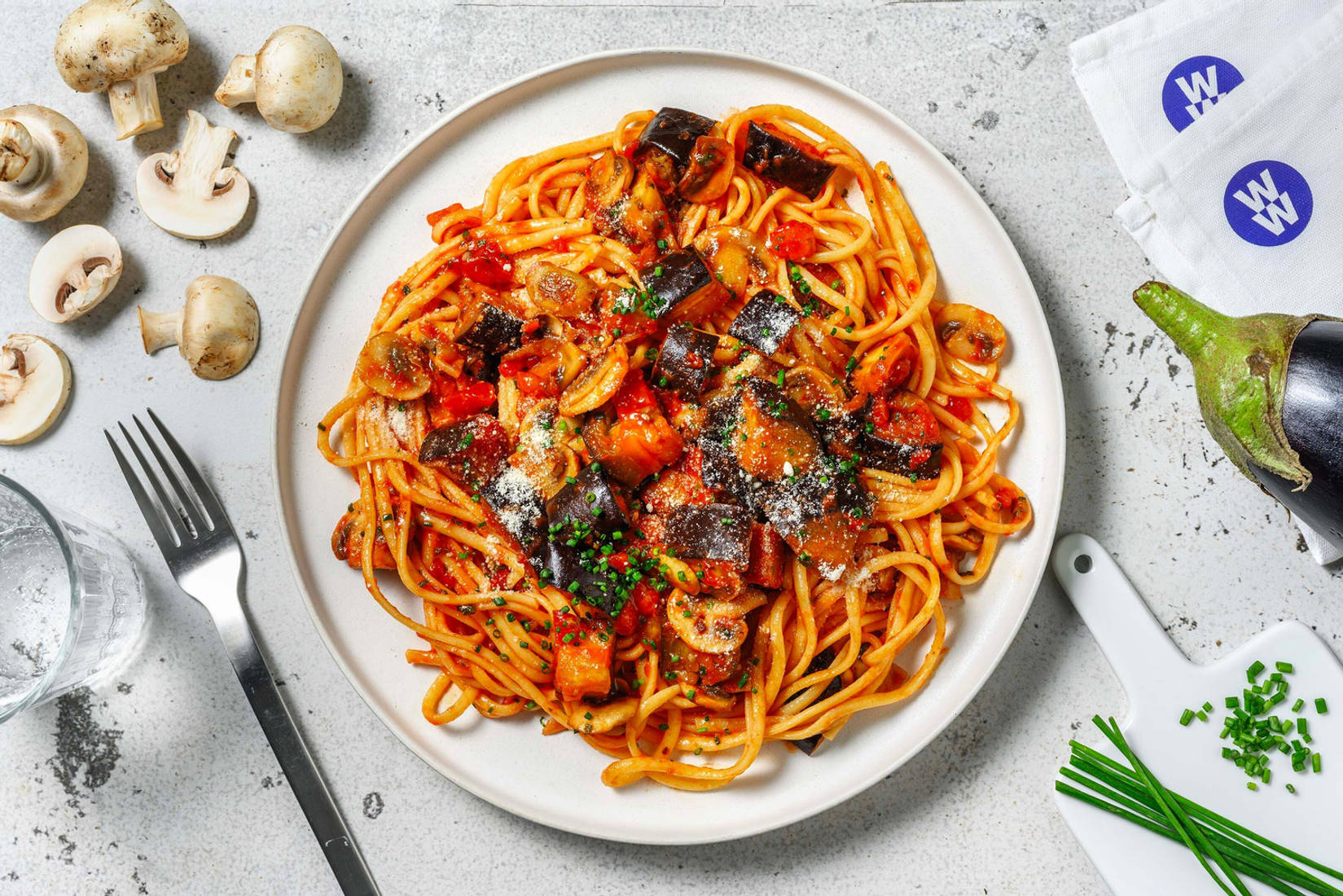 Roasted Aubergine and Mushroom Linguine
