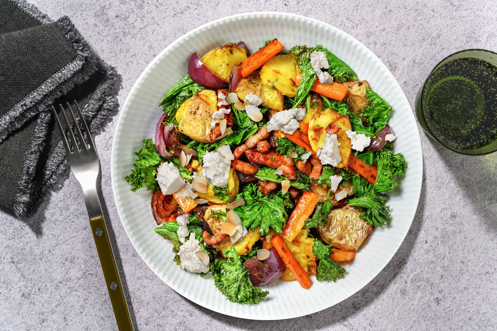 Warm Roast Potato, Chicken, Bacon and Crispy Kale Salad