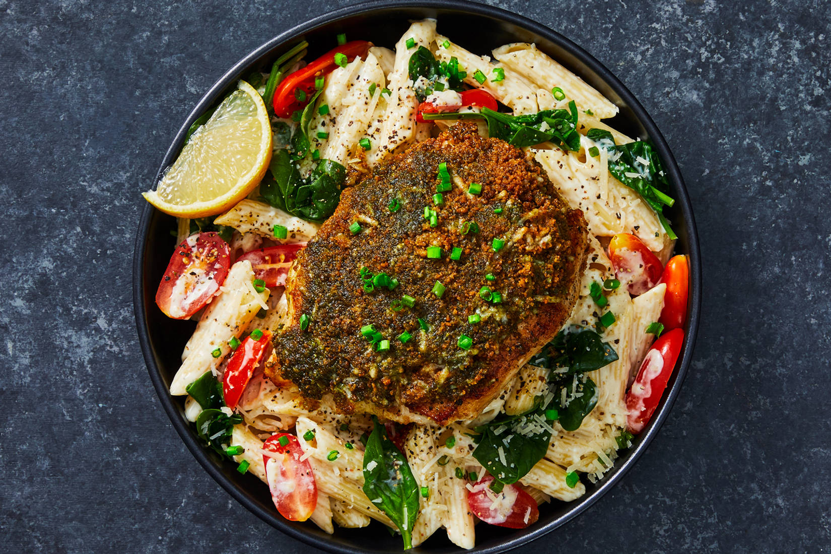 Pesto-Parmesan Turkey with Creamy Veggie Alfredo