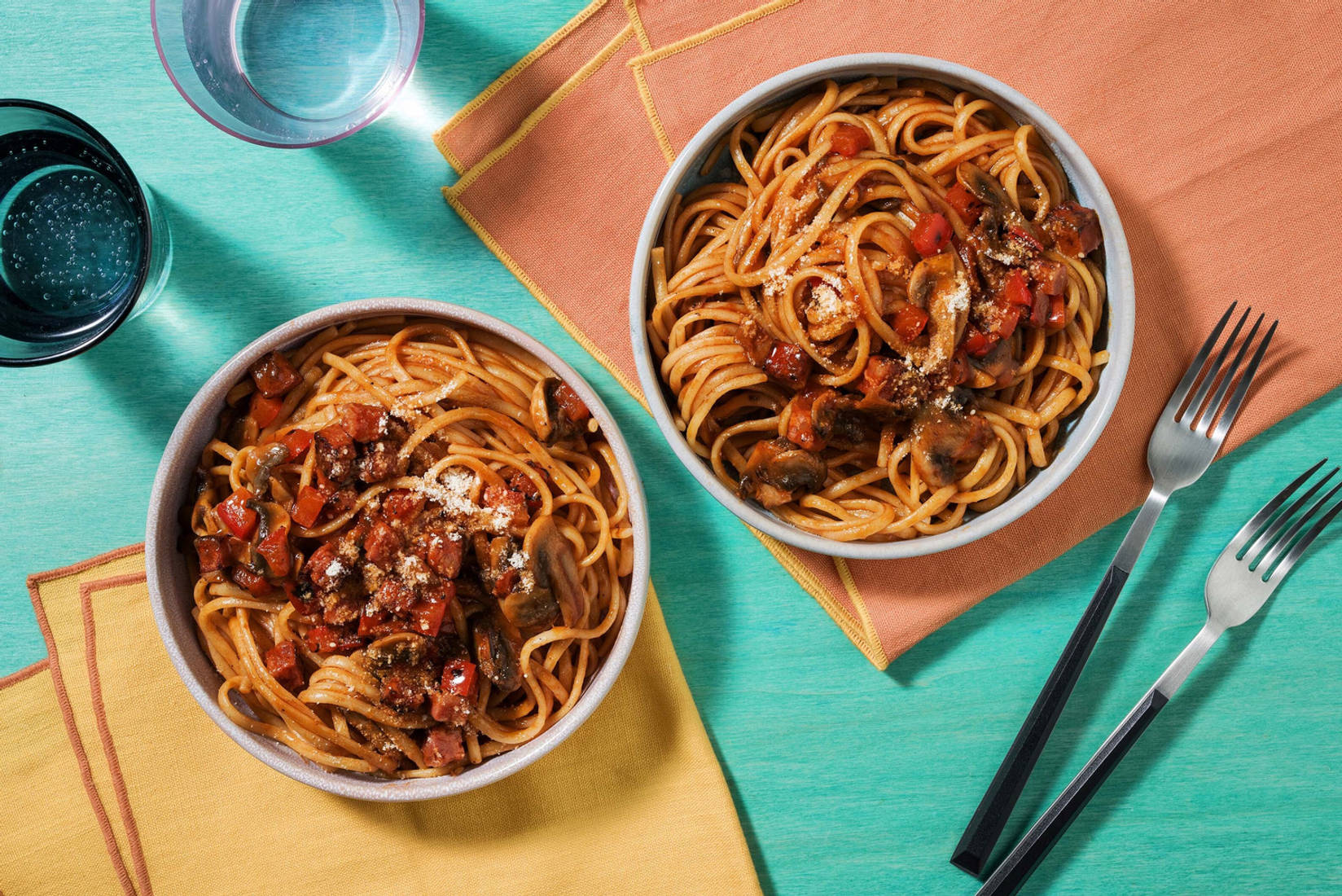 Charred Pepper, Mushroom and Chorizo Linguine