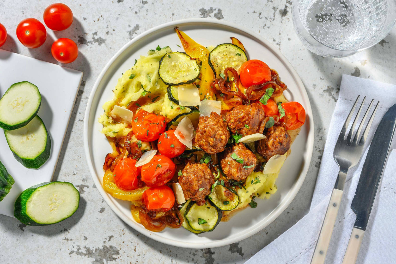 Stoemp aux légumes rôtis et boulettes végétariennes