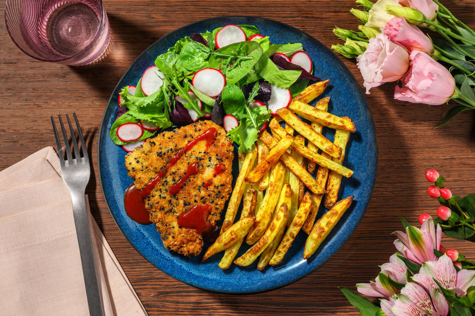 Sesame Crusted Pork Schnitzel and Fries