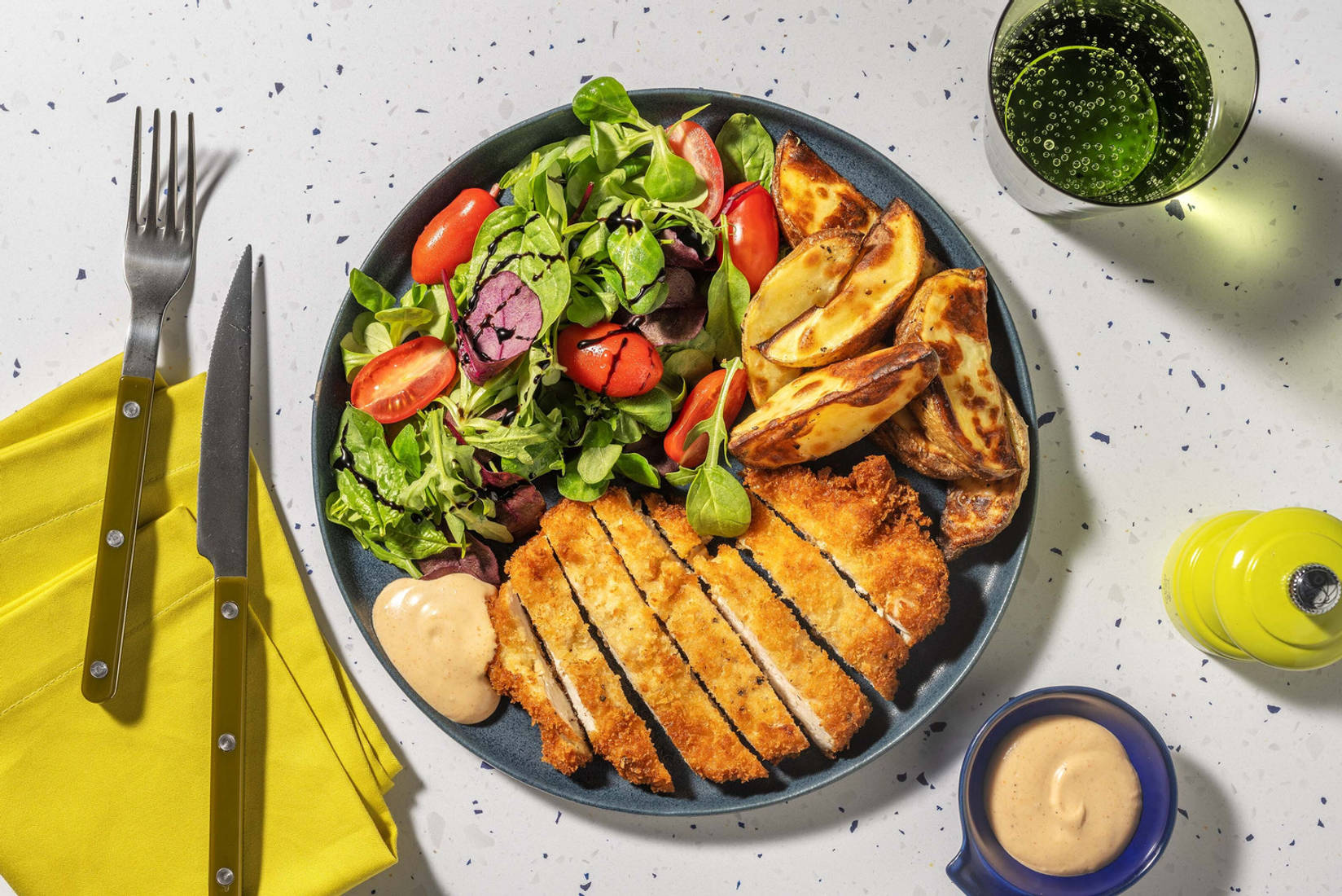 Crispy Chicken Schnitzel and Wedges