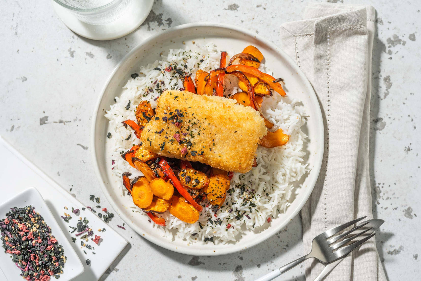 Gepaneerde kabeljauw met geroosterde groenten