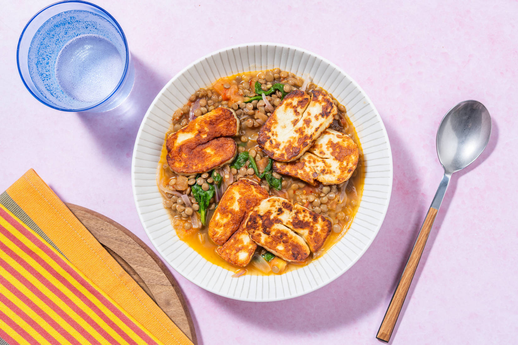 Pan-fried Cheese on Harissa Lentils
