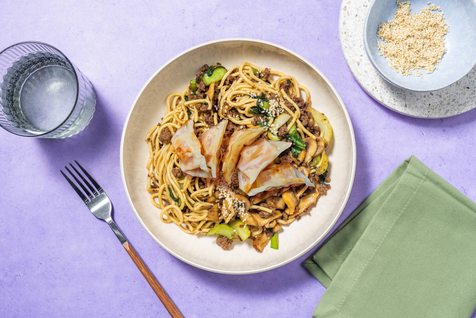 Miso Beef and Mushroom Noodles & Vegetable Gyozas