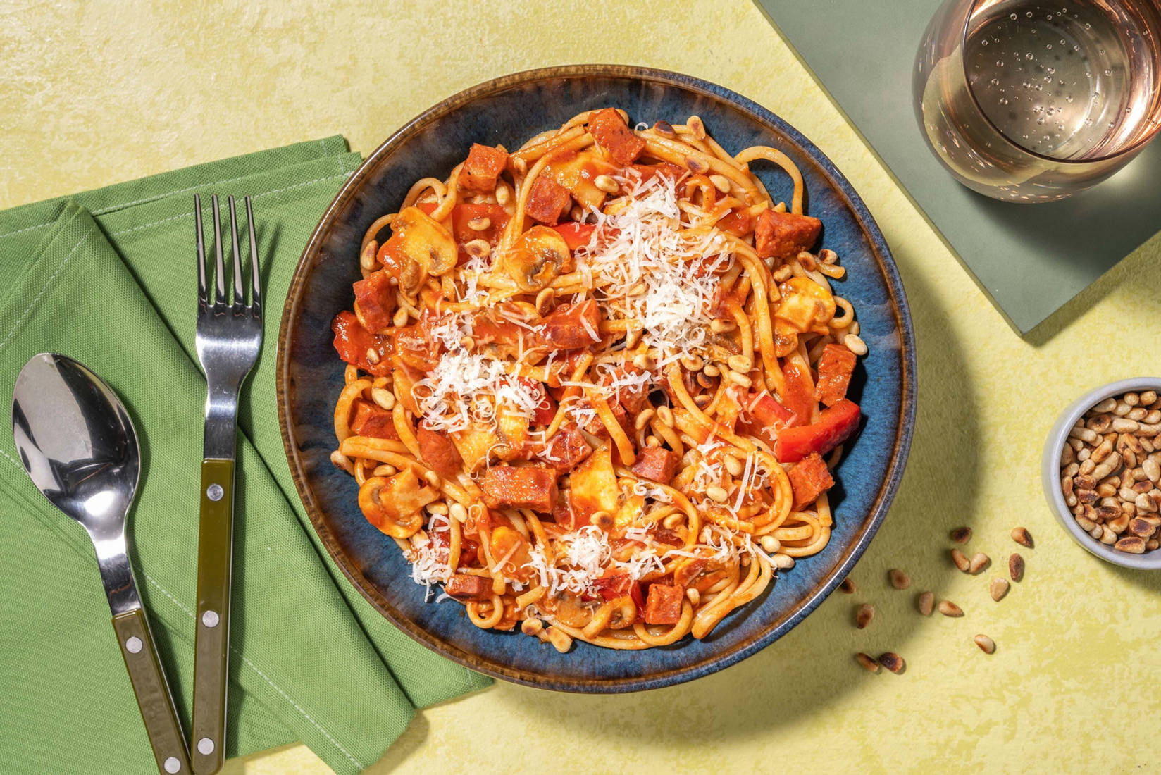 Roasted Pepper, Mushroom and Chorizo Linguine