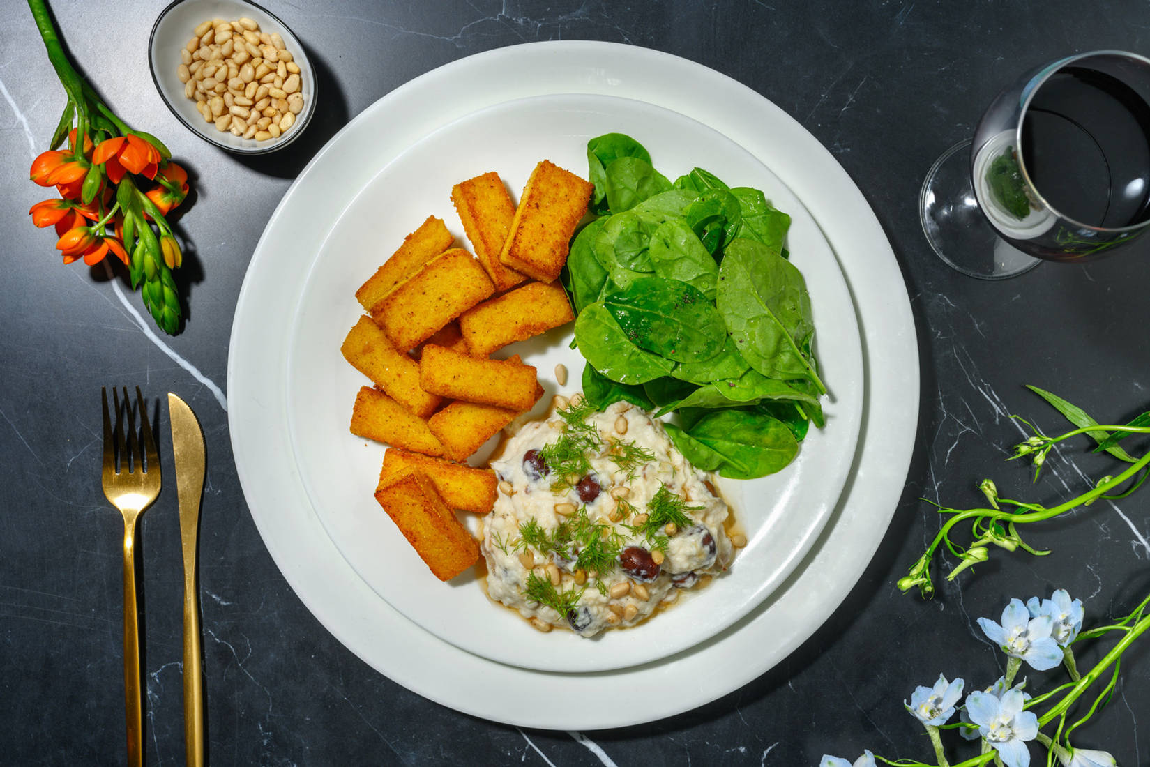 Merluzzo mantecato ai pinoli e olive leccino