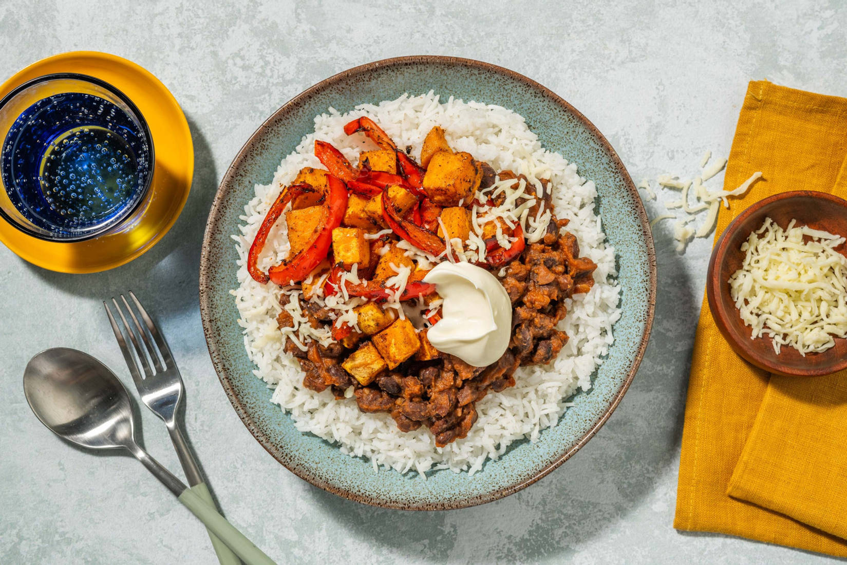 Chorizo, Butternut Squash and Refried Bean Burrito Bowl