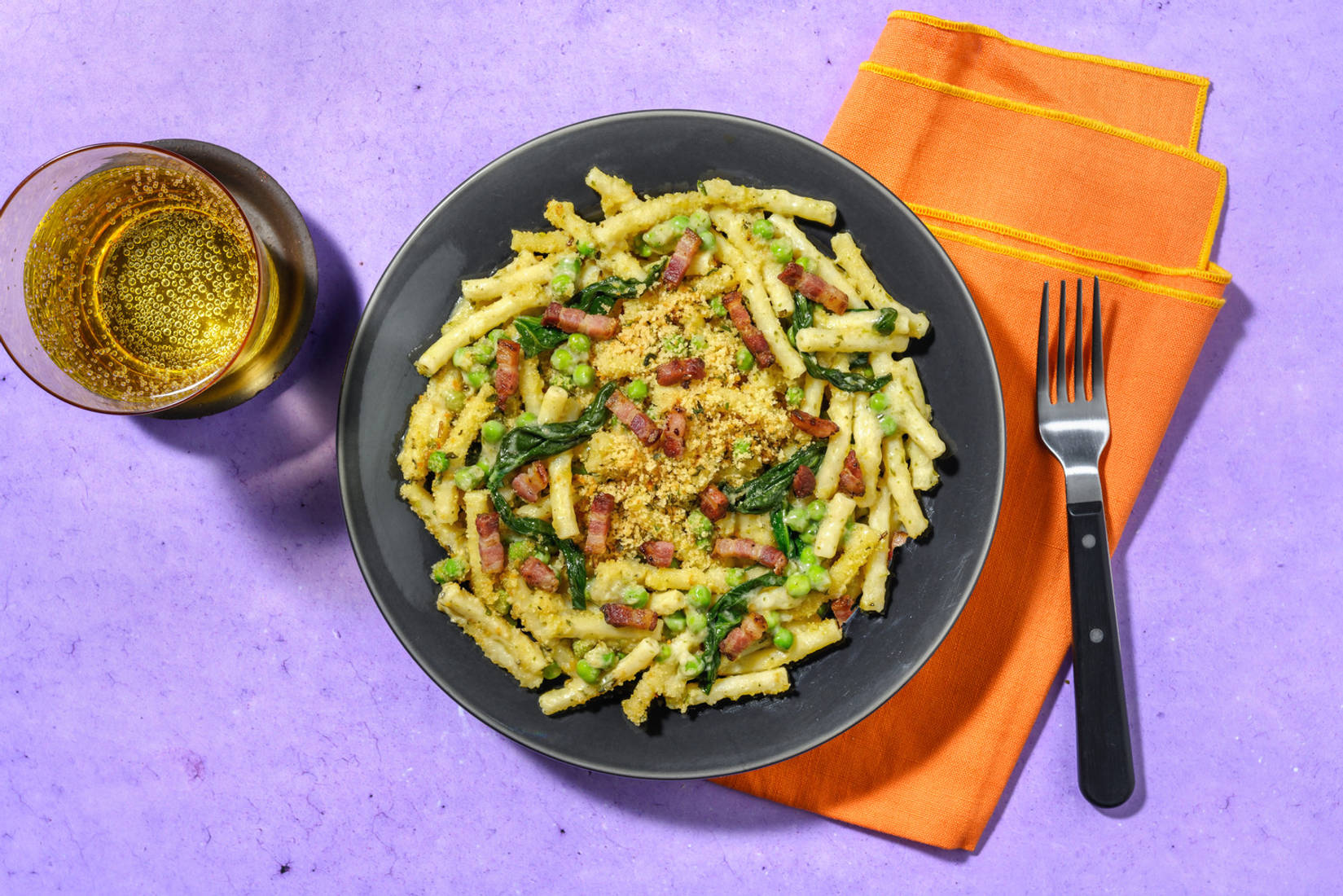 Pesto Bacon Mac and Peas