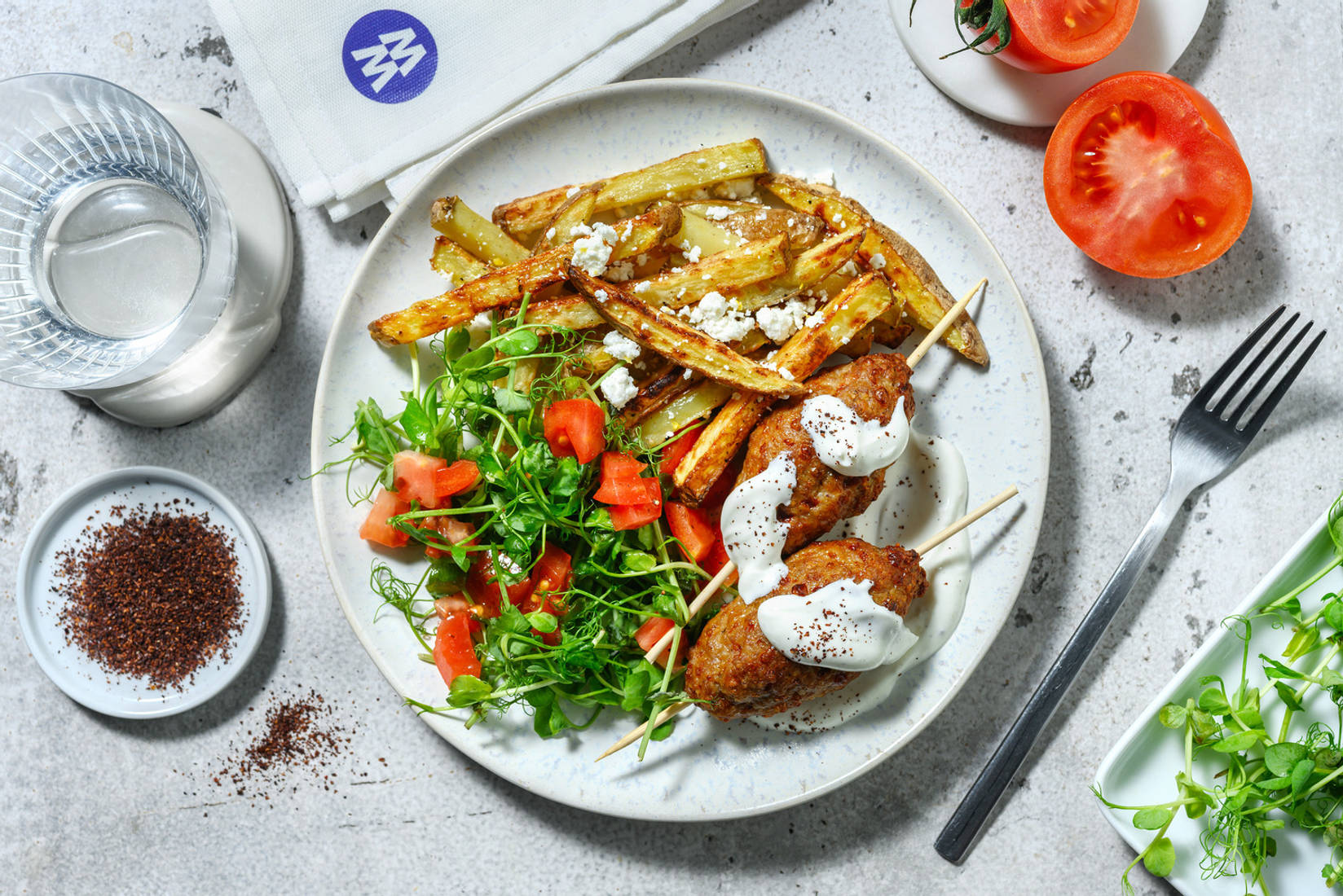 Chermoula Pork Koftas and Lemon Fries