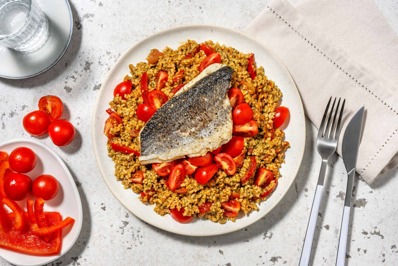 Crispy Skinned Sea Bass and Zhoug Bulgur