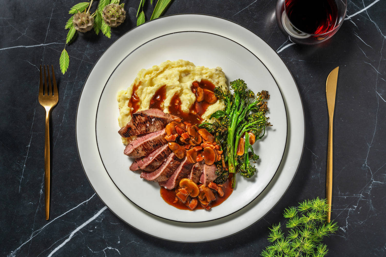 Venison Steak and Bacon Bourguignon Sauce