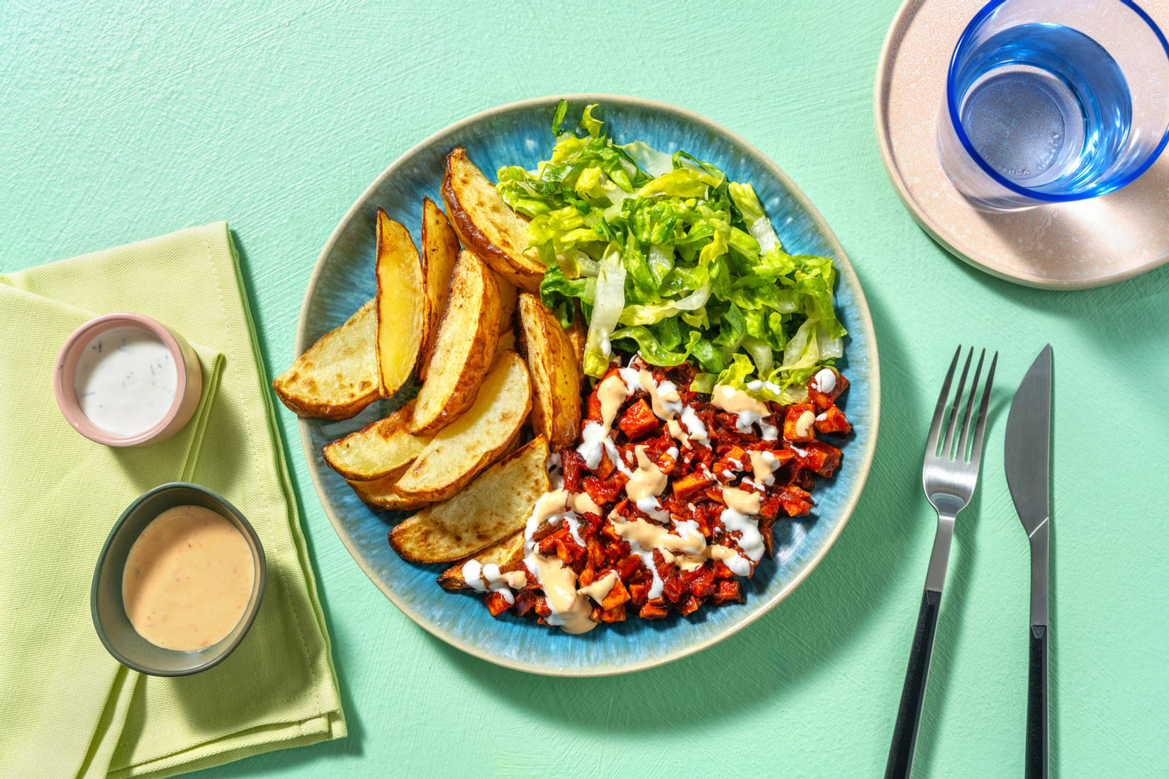 Veganer Kebab-Teller mit Räuchertofu