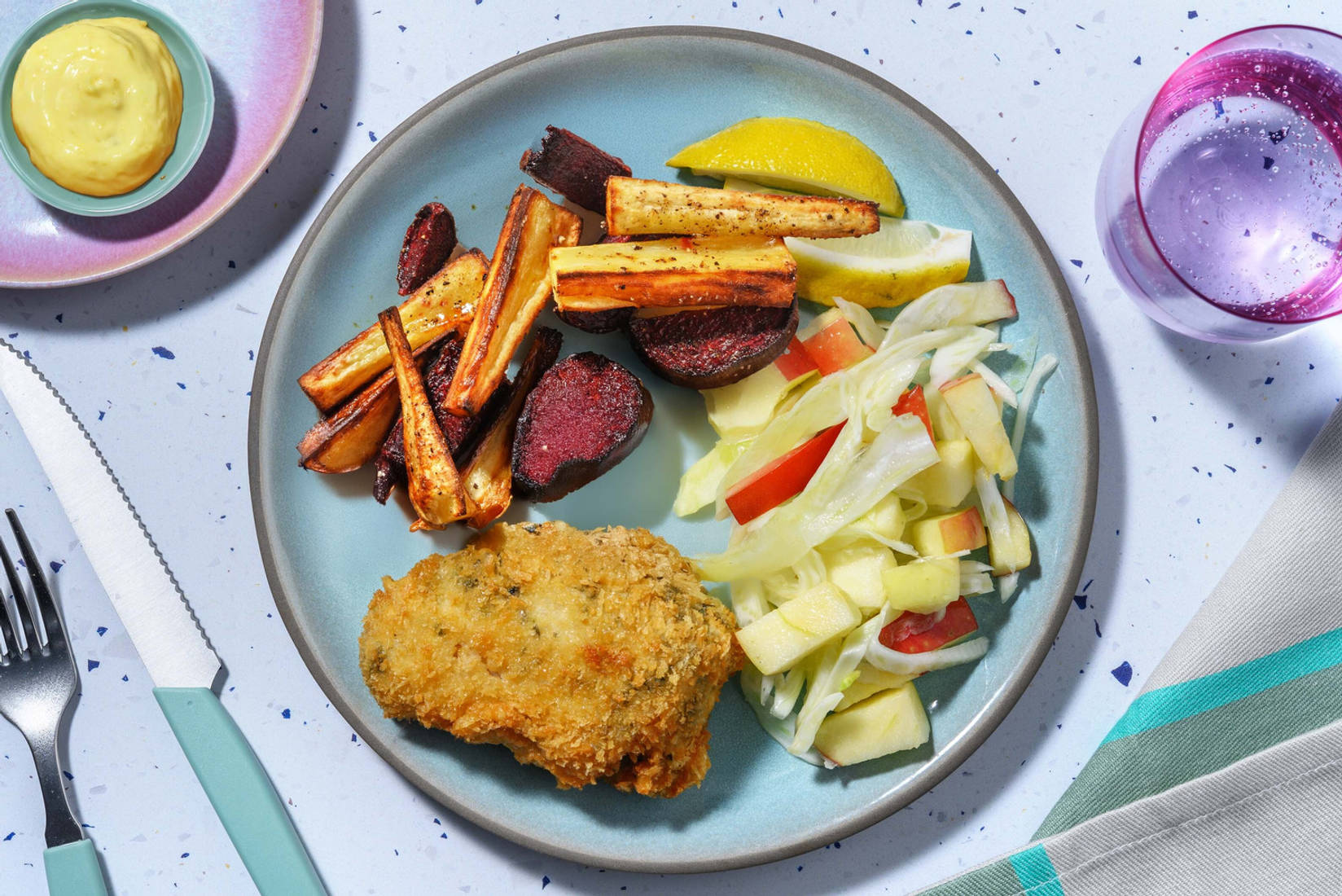 Panert torsk og rotfruktfries