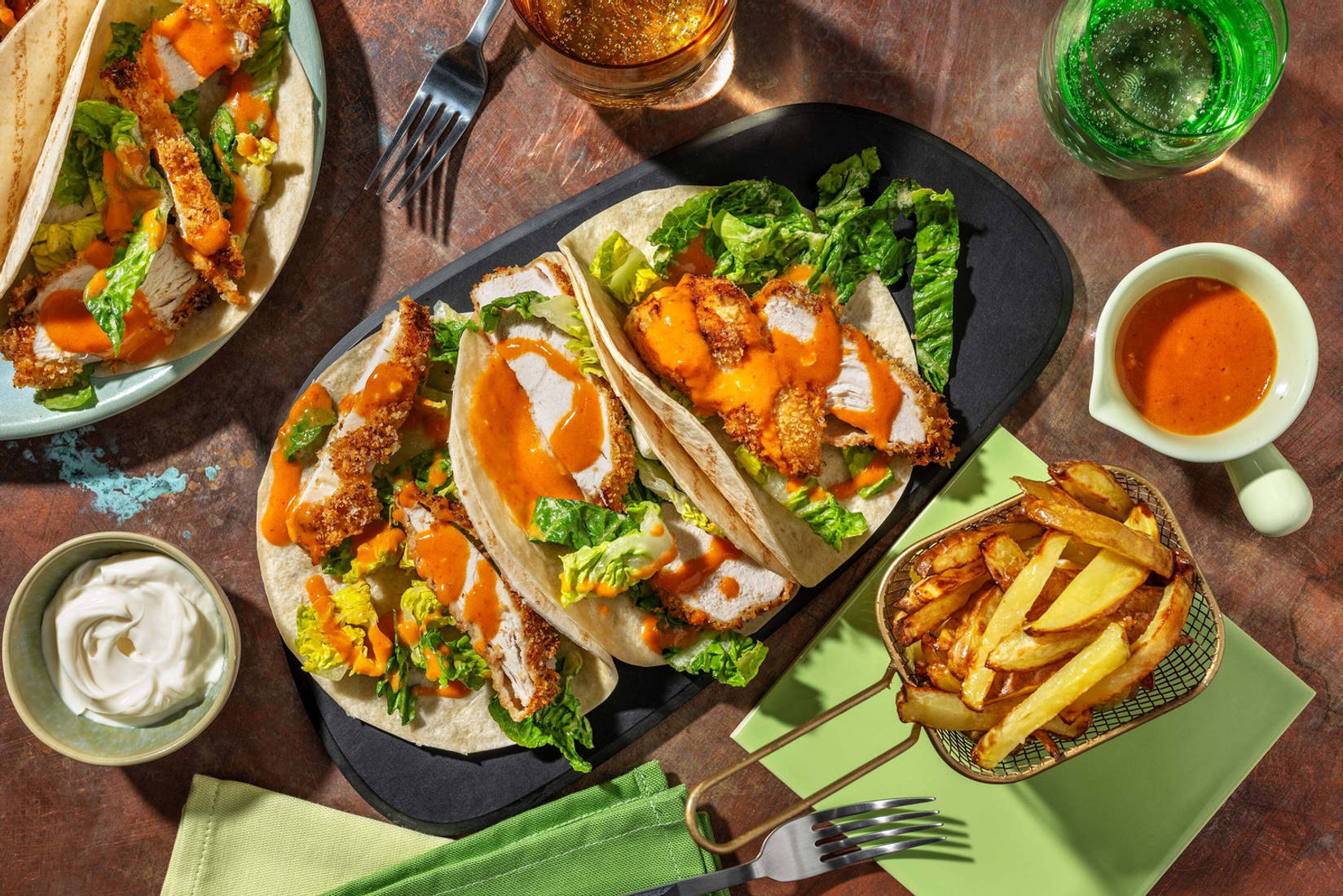 Crispy Buffalo Chicken Tacos and Chips