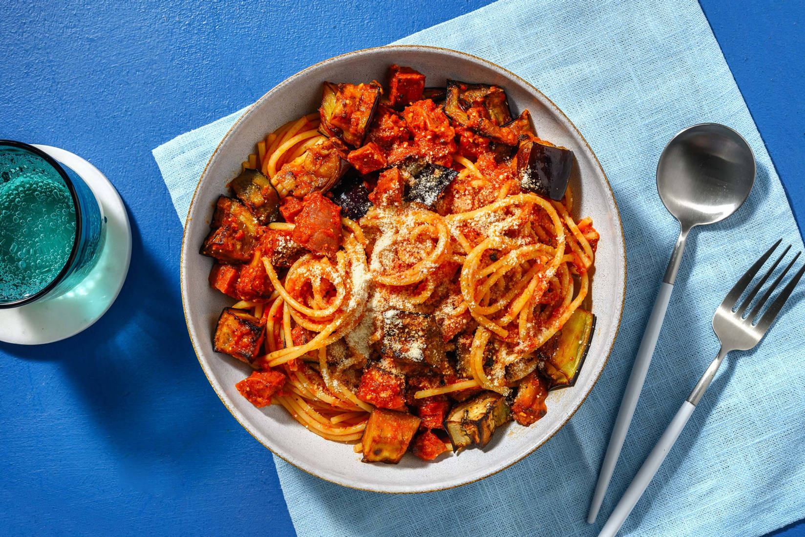 Chorizo and Roasted Aubergine Spaghetti
