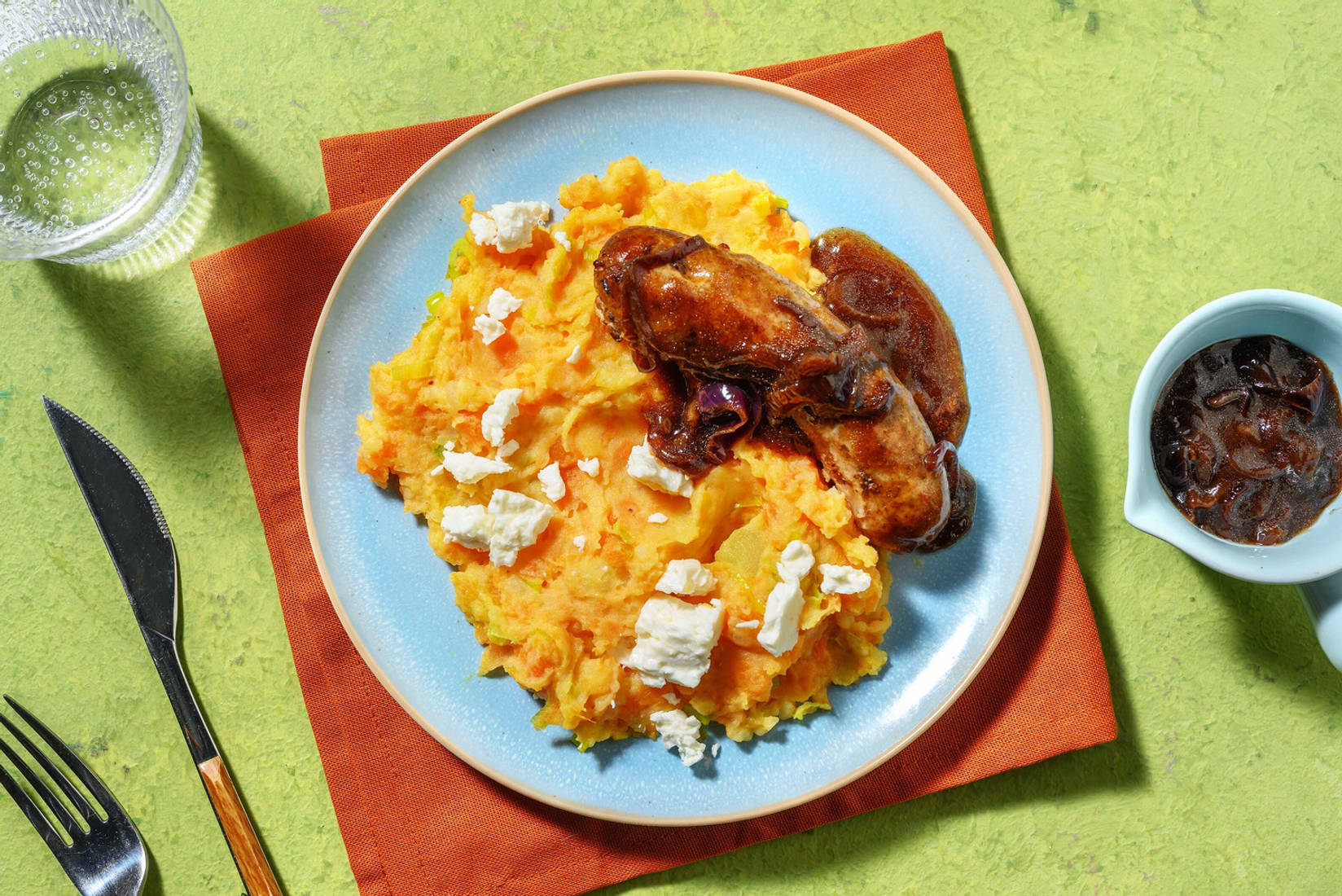 Brandt & Levie-varkensworst met zoete-aardappelstoemp