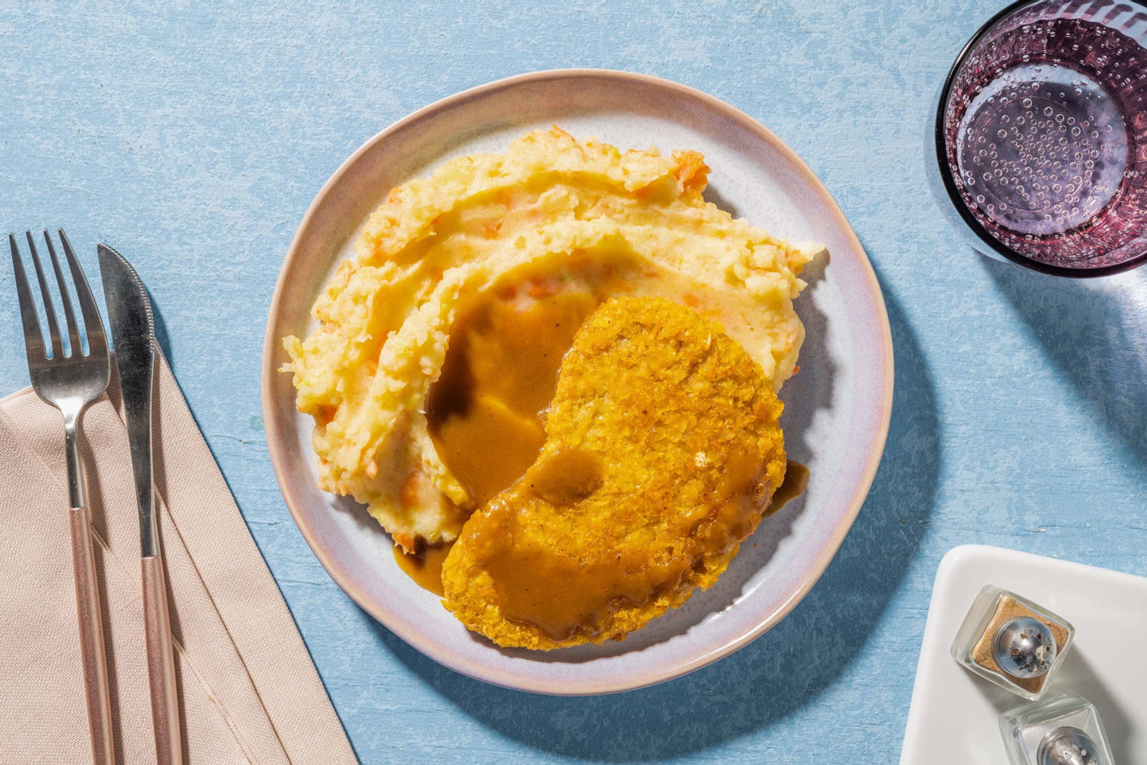 Escalope végétarienne panée au fromage et purée de carotte-poireau