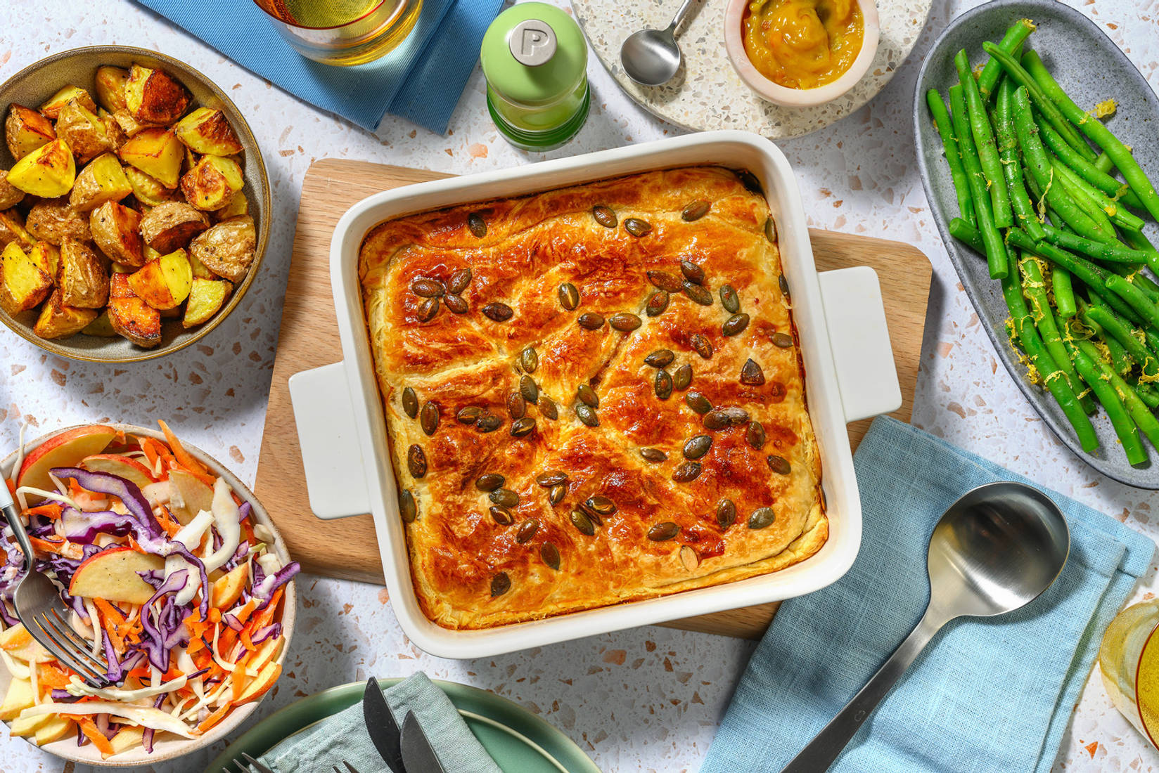 Pastei met pulled chicken en pompoen