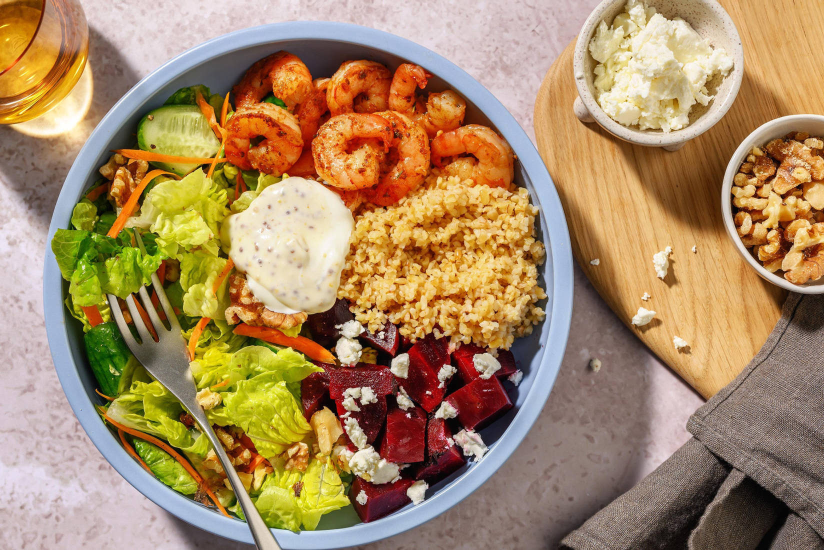 Lättlagad kryddig räk- och bulgurbowl