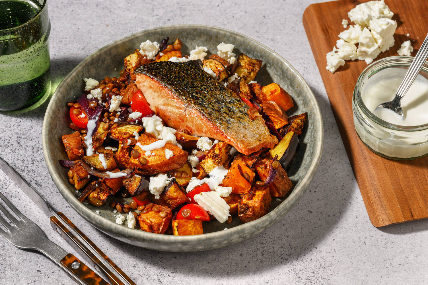 Spiced Roasted Salmon, Veg and Harissa Lentil Jumble