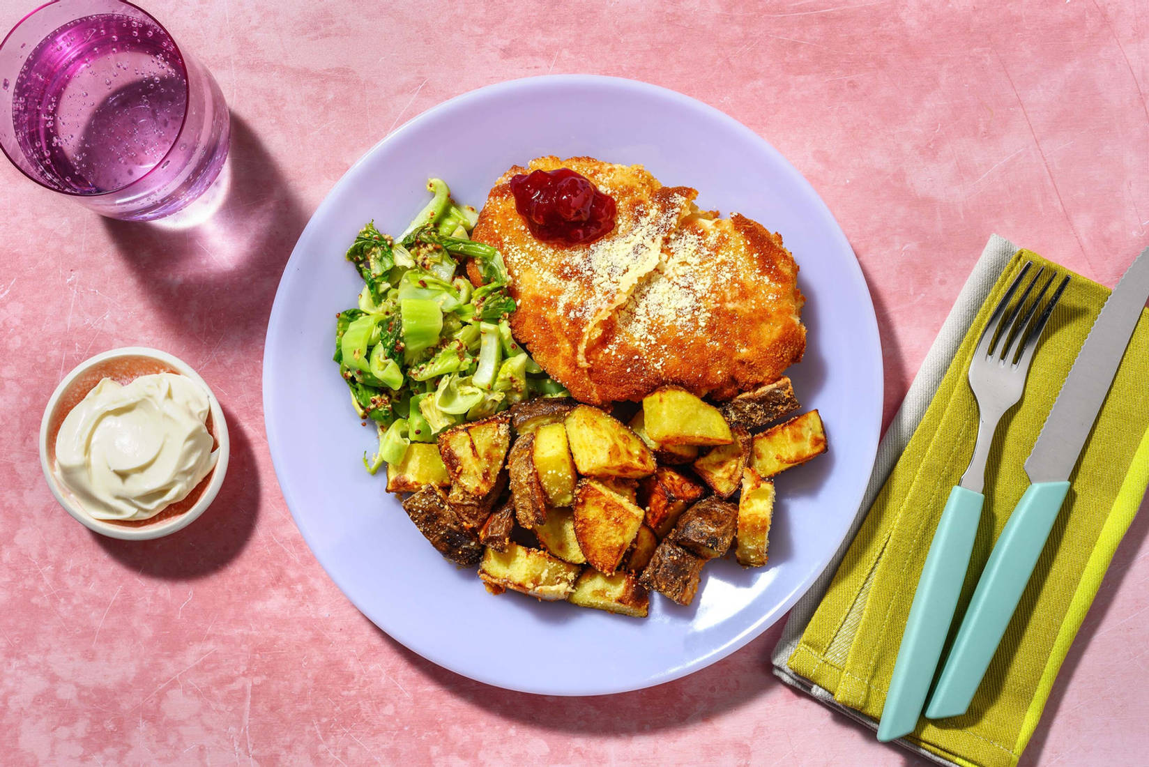 Alpine Inspired Chicken Schnitzel and Cheesy Roasties