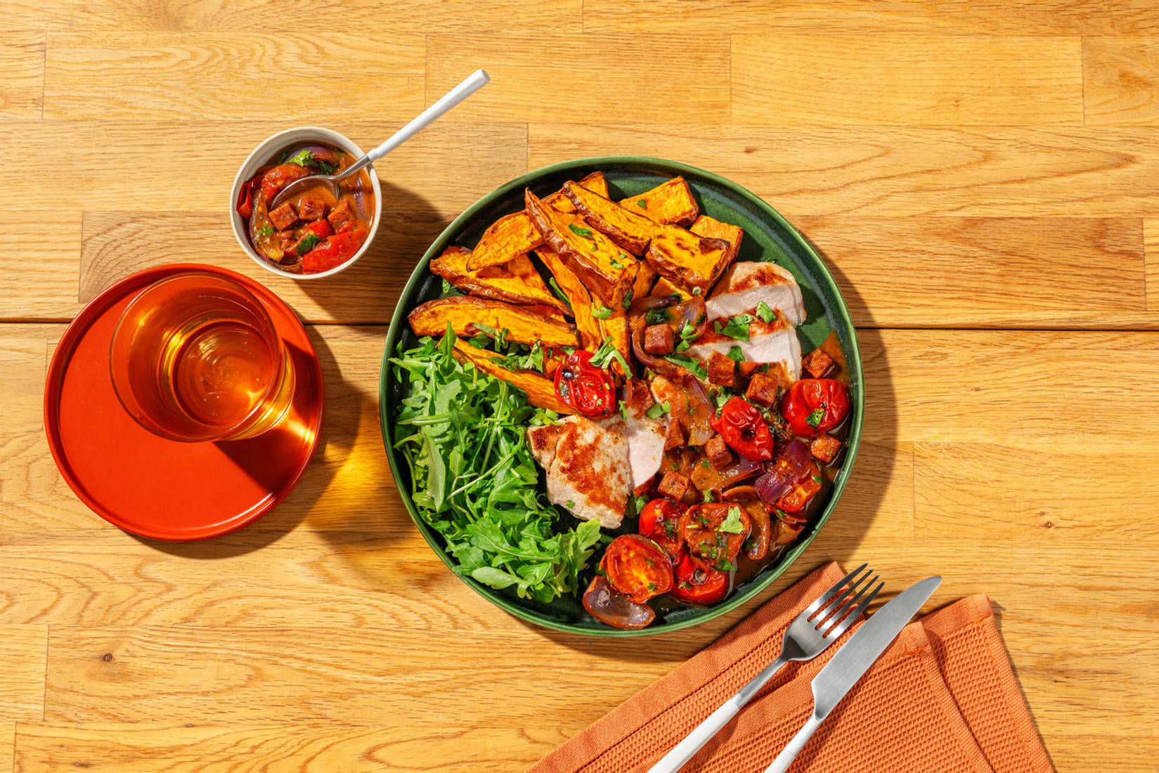 Pork Steak and Chorrillana Style Chorizo Sauce