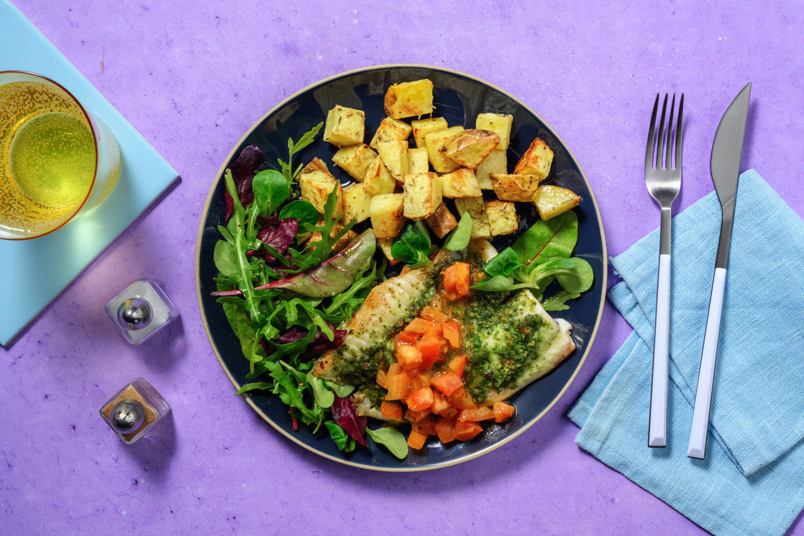 Pesto Baked Sea Bass and Warm Tomato Salsa