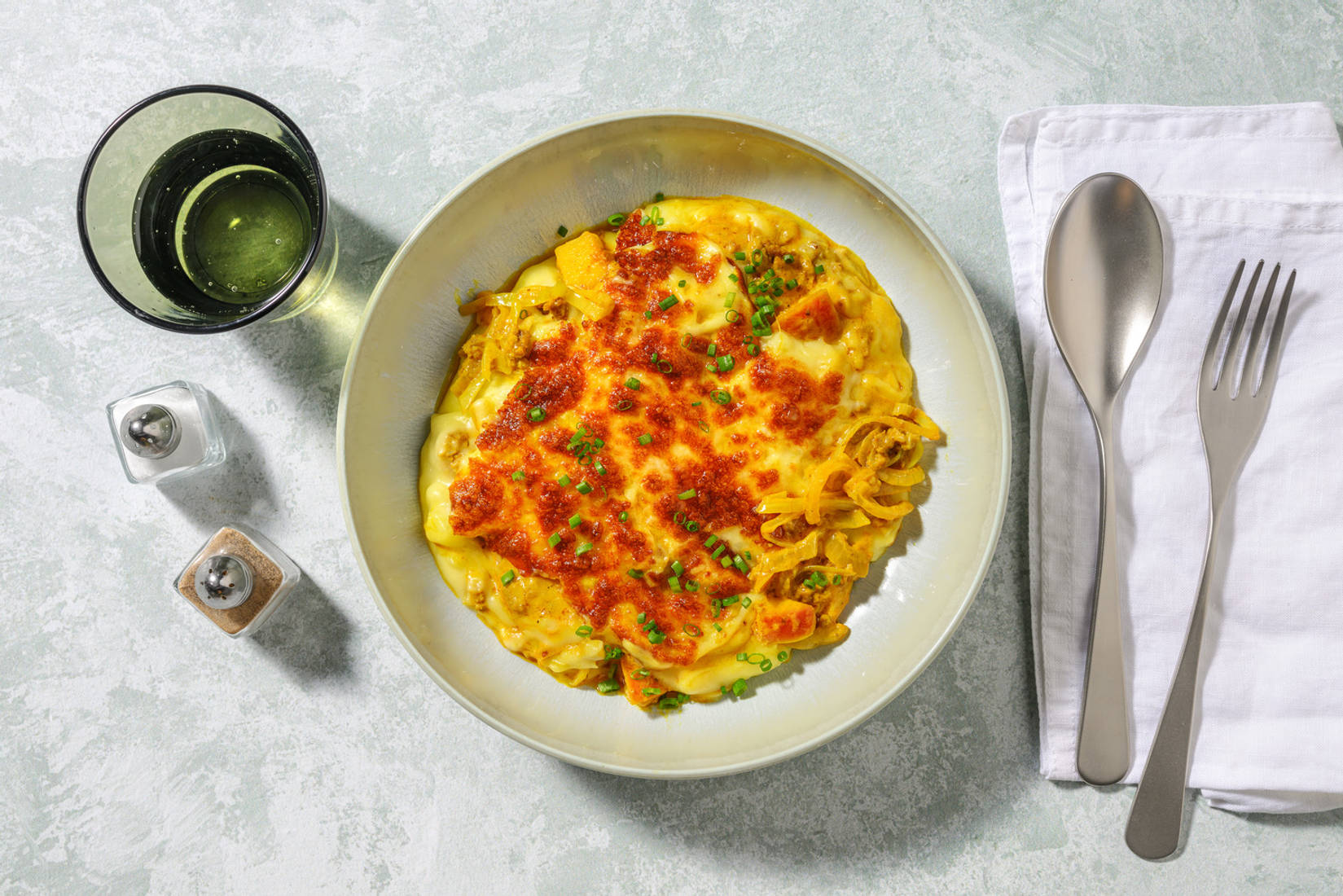 Cheesy cottage pie met kerriepoeder en bieslook