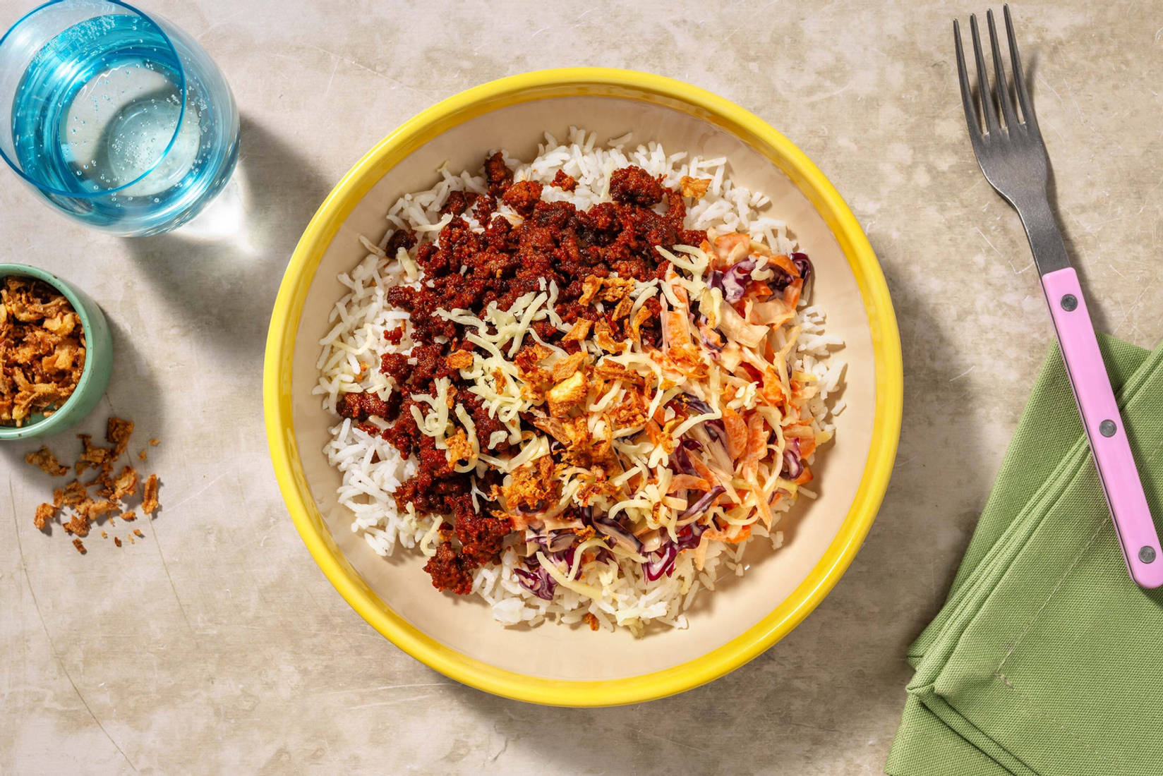 Super Quick Beef & Pork Cheeseburger Inspired Rice Bowl