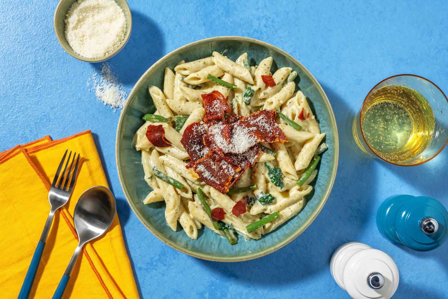 Crispy Serrano Ham Topped Pesto Penne