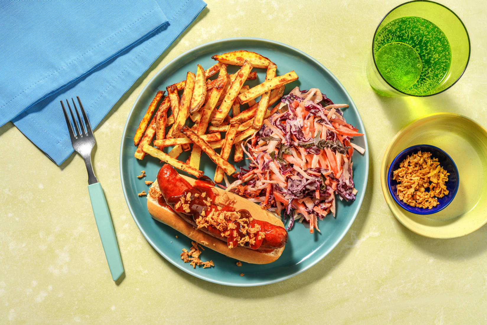 Crispy Onion Topped BBQ Hot Dogs and Chips