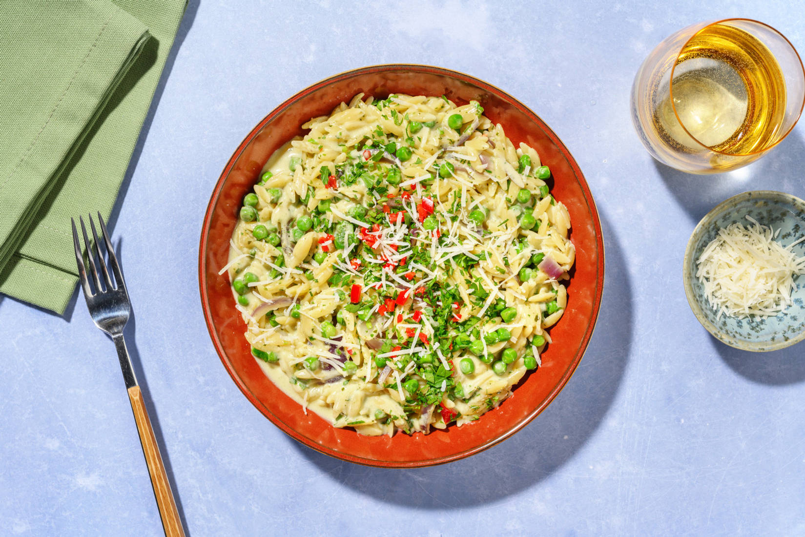 Pea and Pesto Orzo with Chorizo