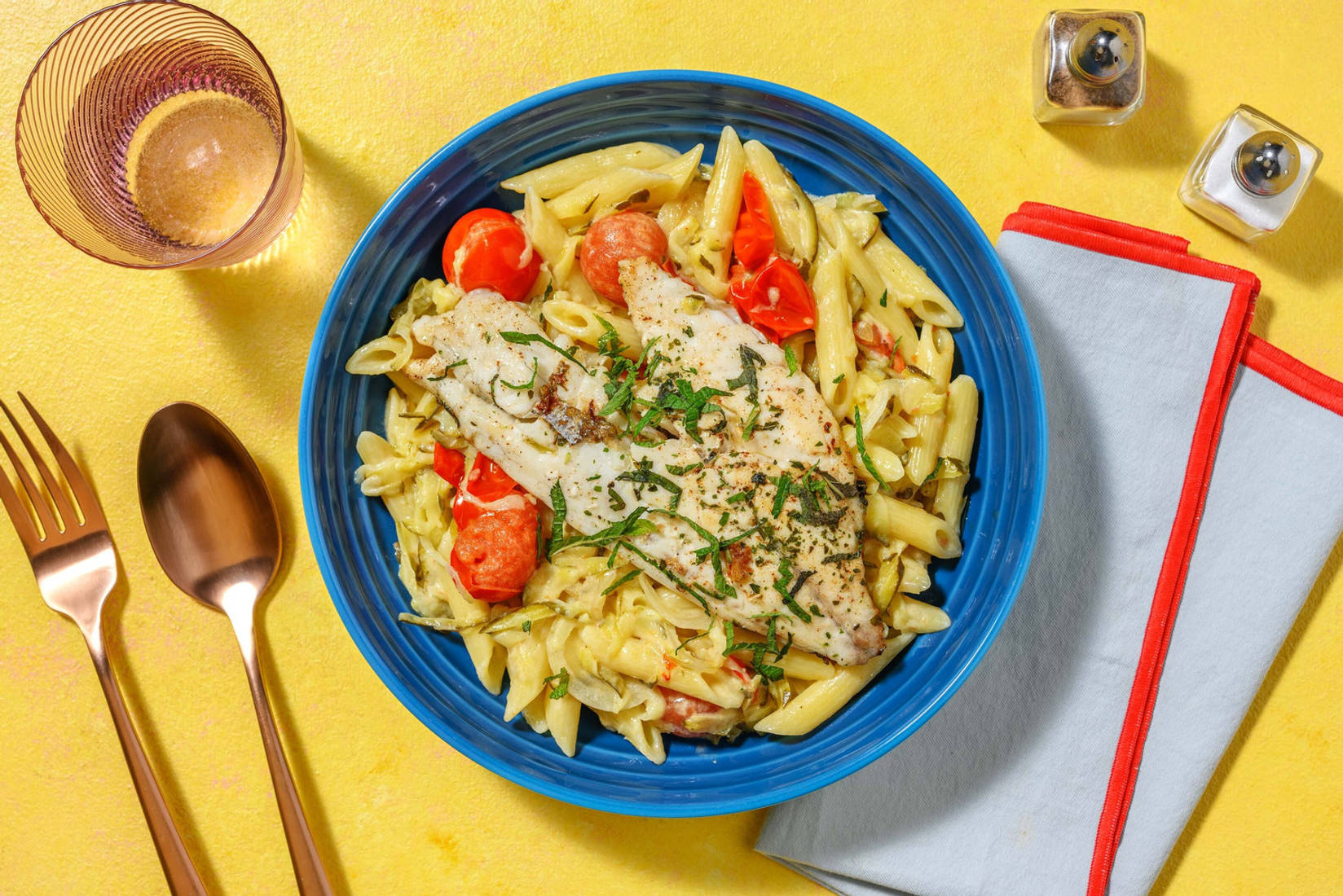 Penne crémeuses à la courgette et filet de merlu