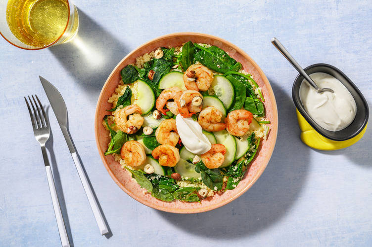 Bol exprés con extra langostinos a la miel con cuscús