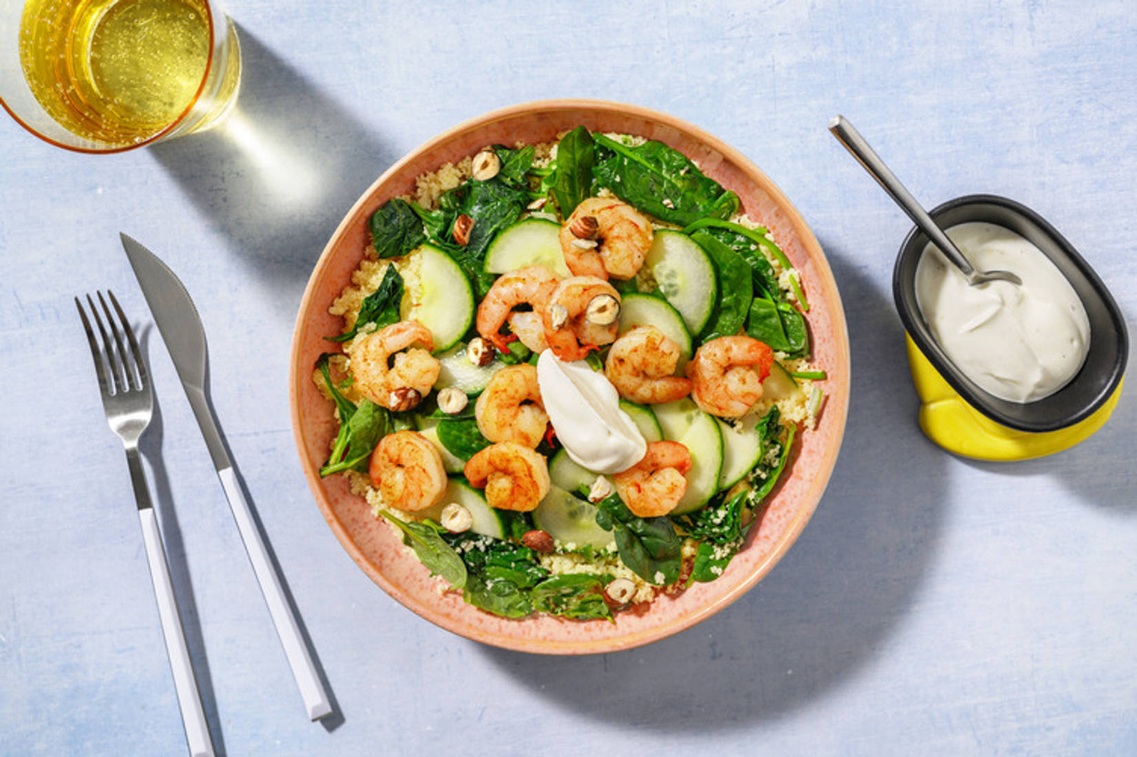 Bol exprés de langostinos a la miel con cuscús