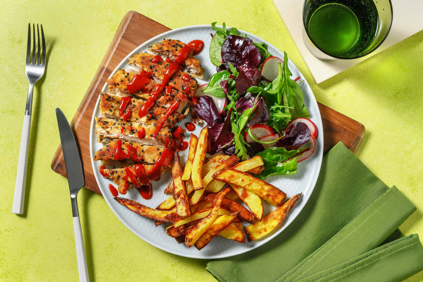 Sesame Crusted Pork Schnitzel and Fries