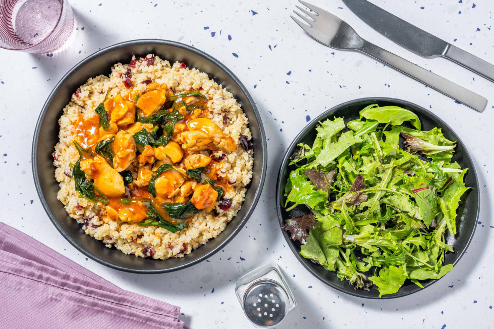 Harissa Chicken on Cranberry Bulgur