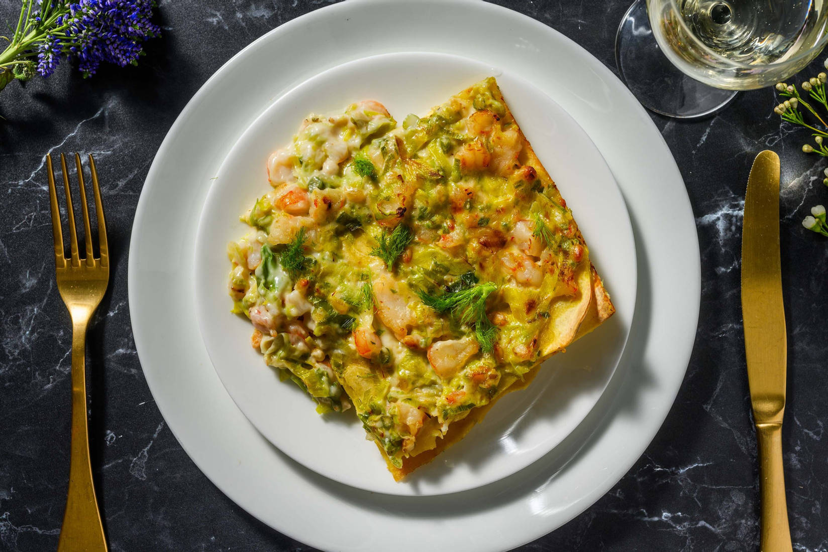 Lasagne ai gamberi, porri e finocchietto