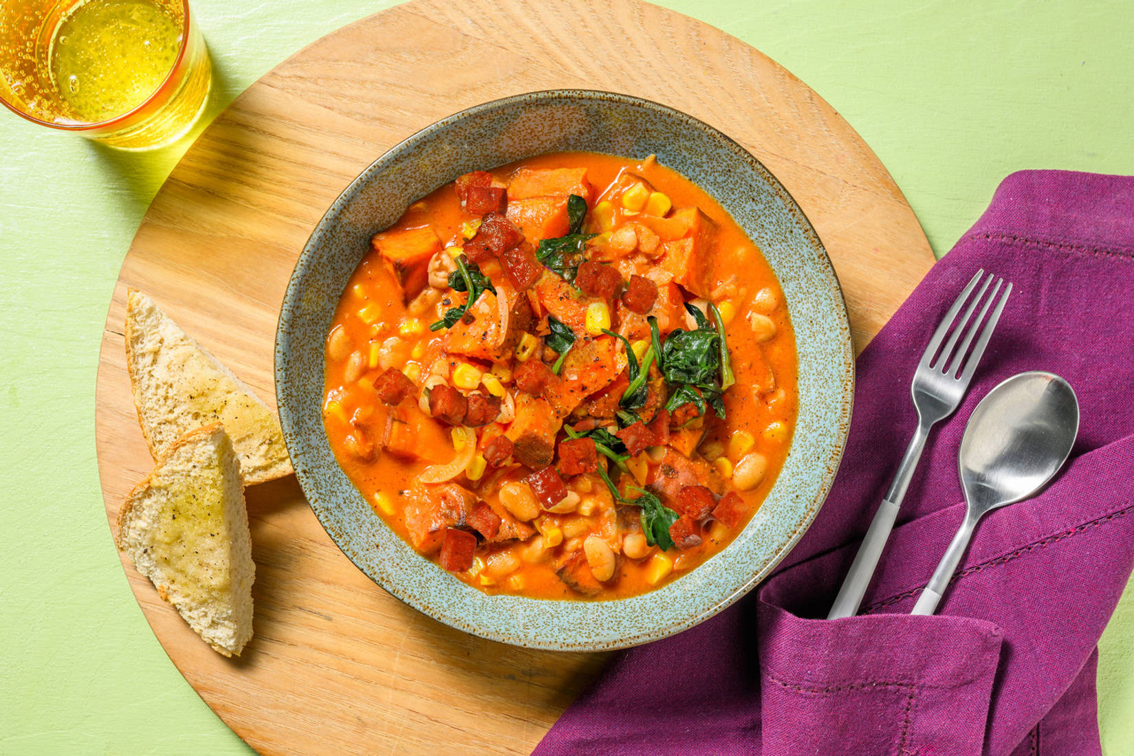 Creamy Mexican Style Spiced Chorizo Stew and Ciabatta
