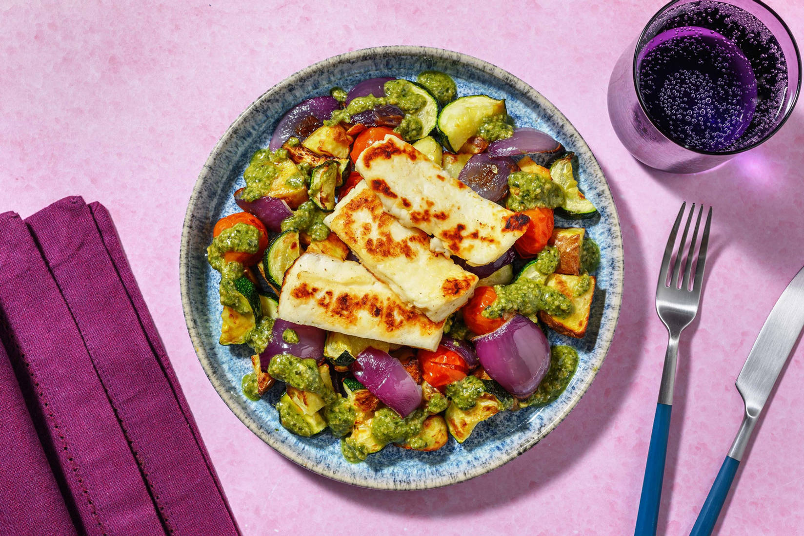 Pan-Fried Halloumi and Pesto Drizzle