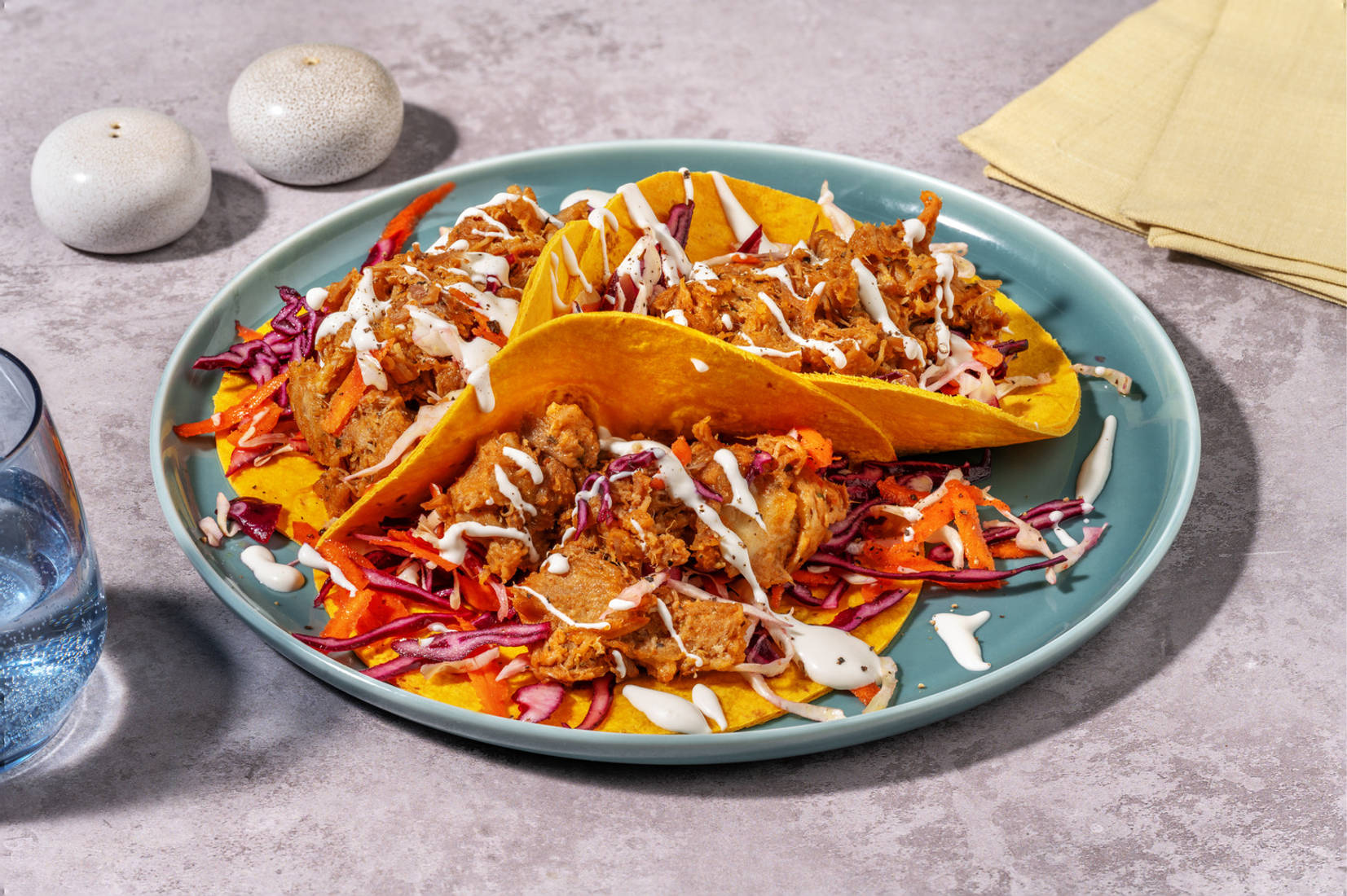 Tacos di carnitas di maiale e cheddar