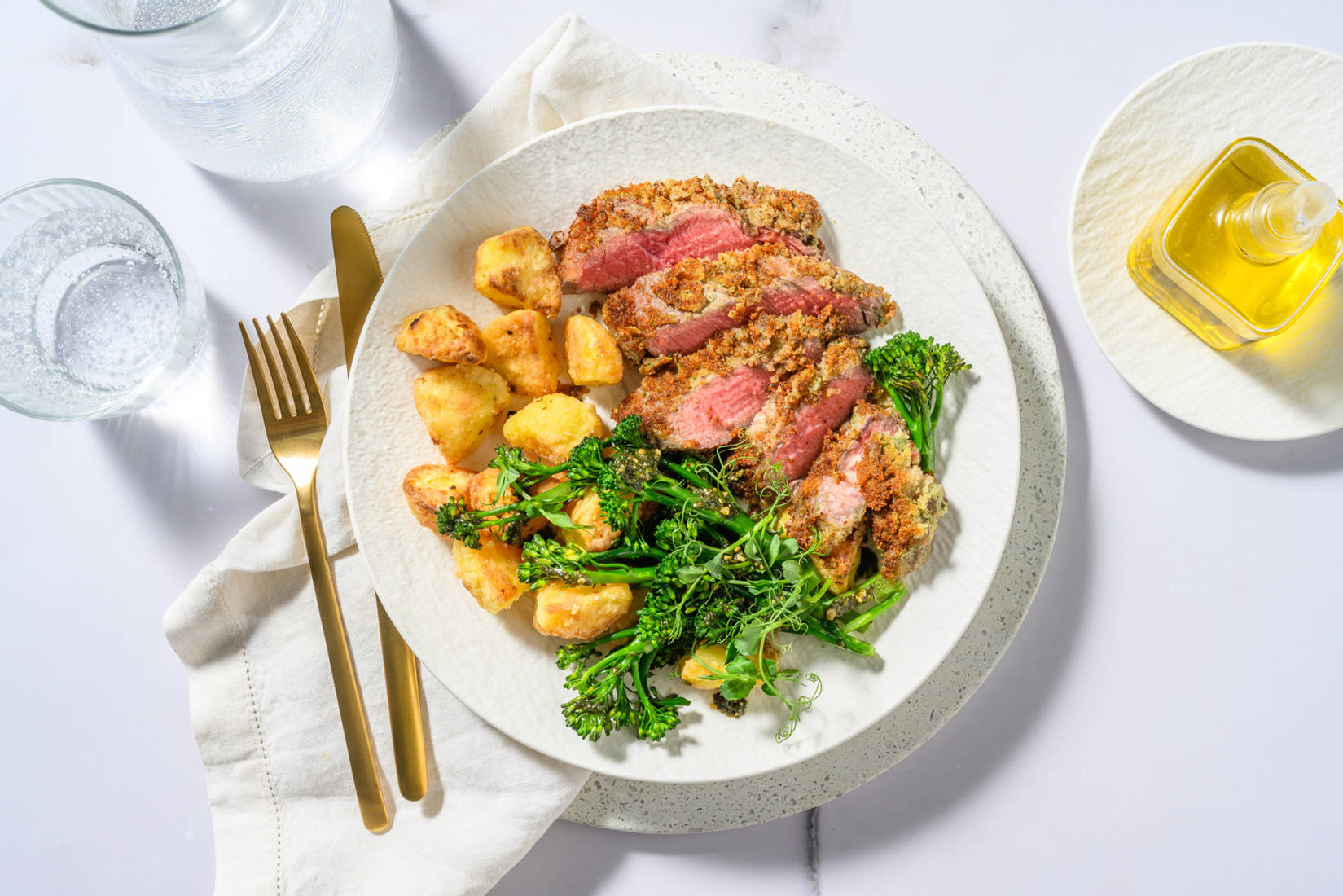 Pesto Crusted Lamb Steak and Roast Potatoes
