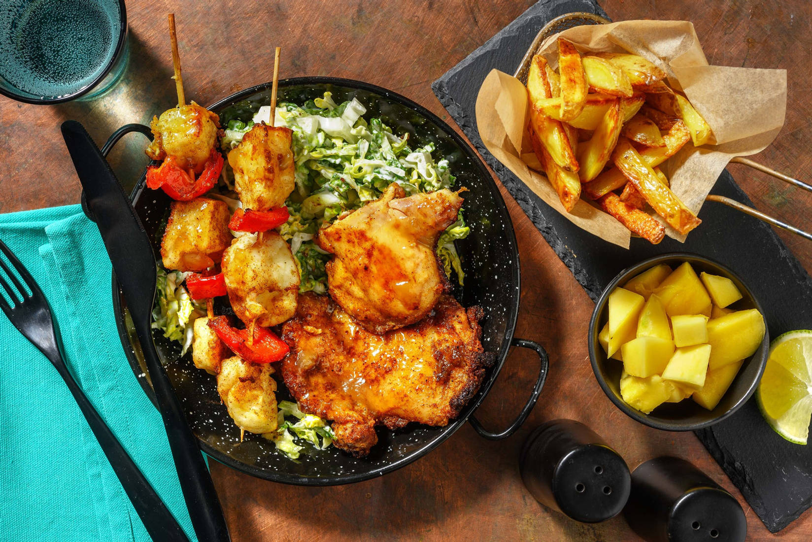 Peri Peri Halloumi Skewers and Sticky Chicken