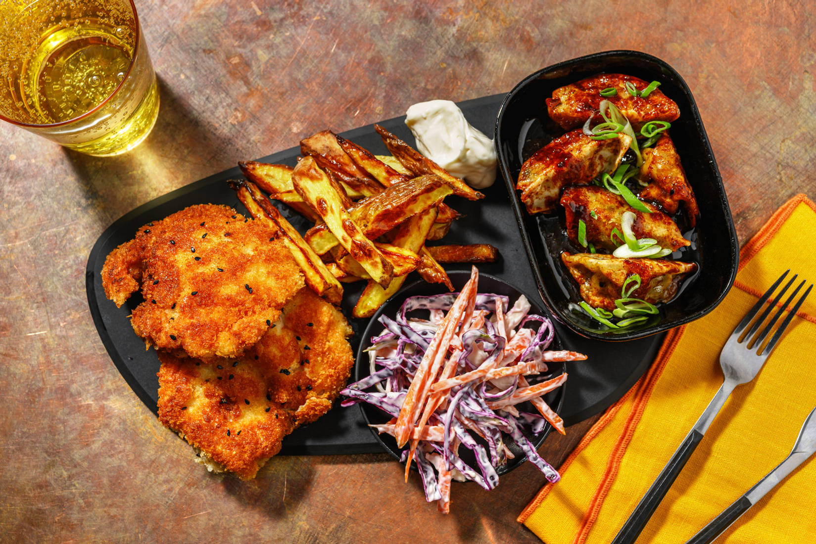 Sesame Fried Chicken and Teriyaki Gyozas