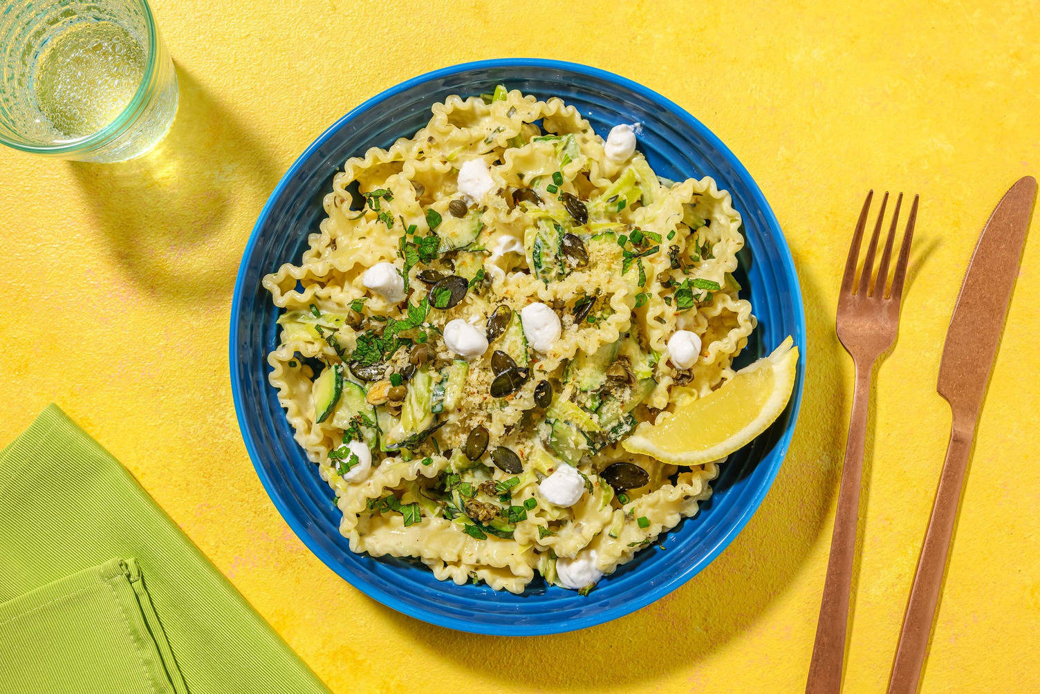 Mafaldine crémeuses aux bouchées de fromage de chèvre au miel