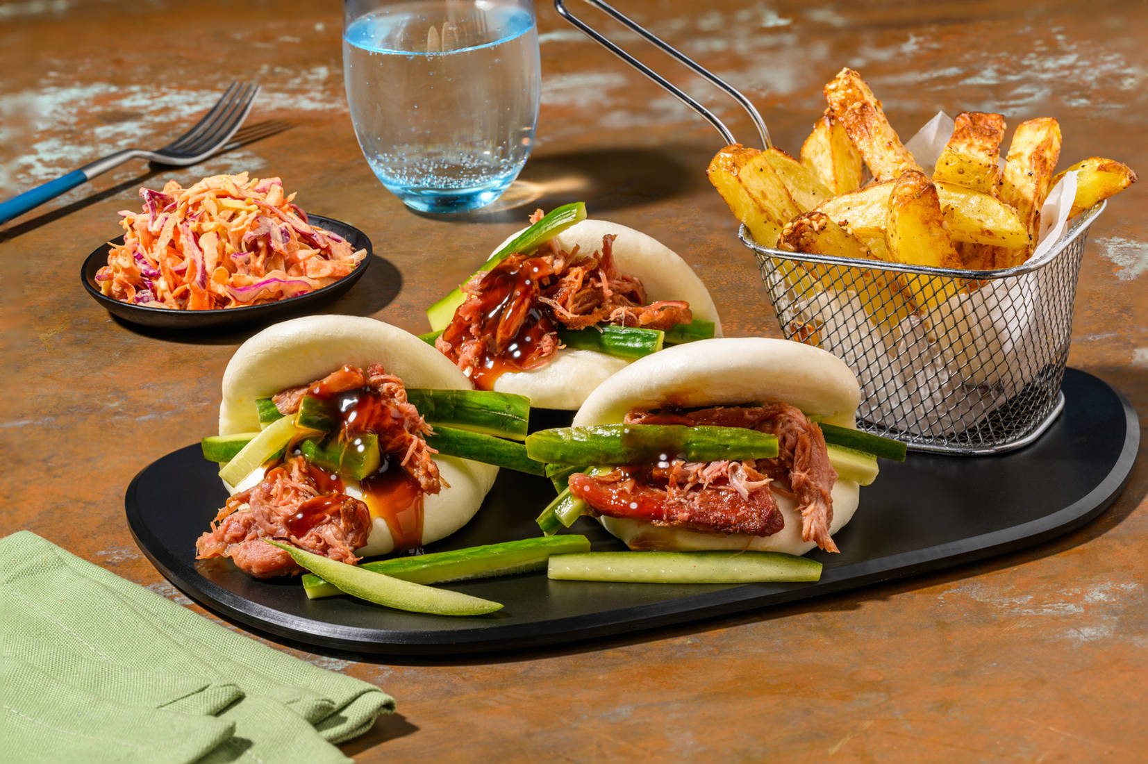 Hoisin Duck Bao and Sesame Fries